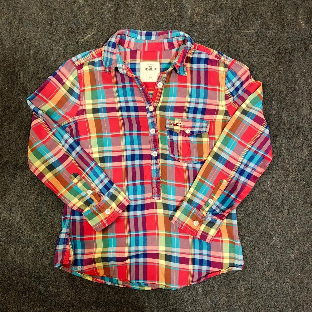 Hollister Womens Multicoloured Plaid Button Up Flannel Shirt Red XS